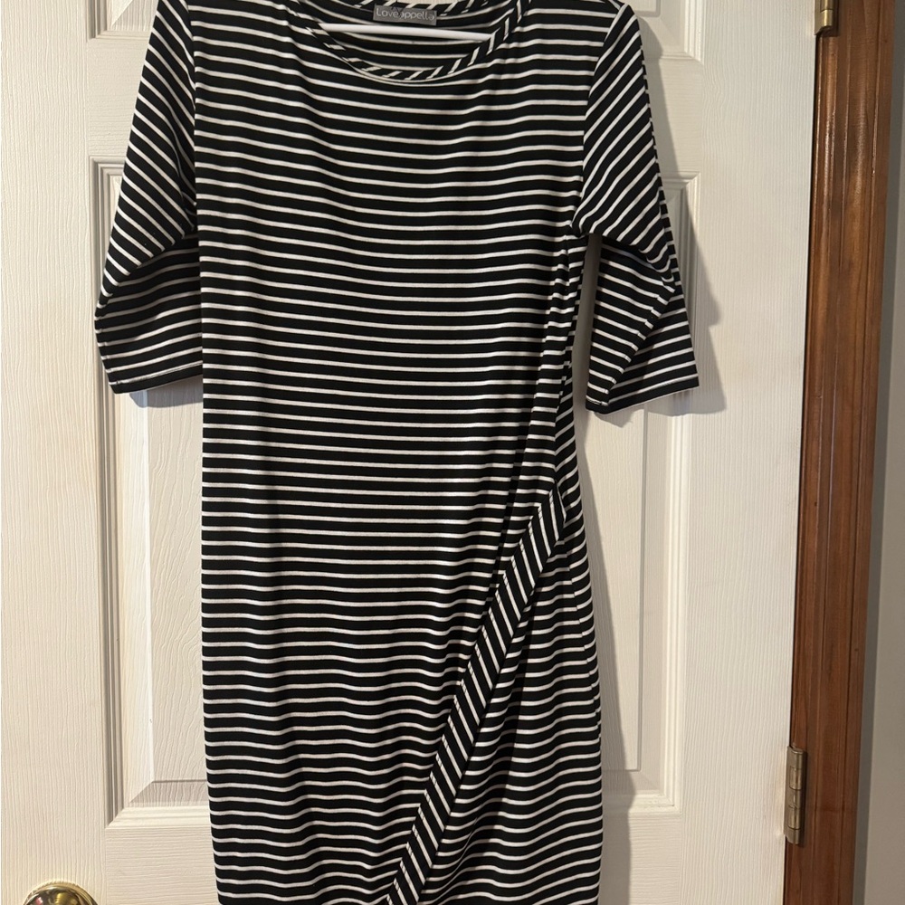 Loveappella Black and White Striped Midi Dress